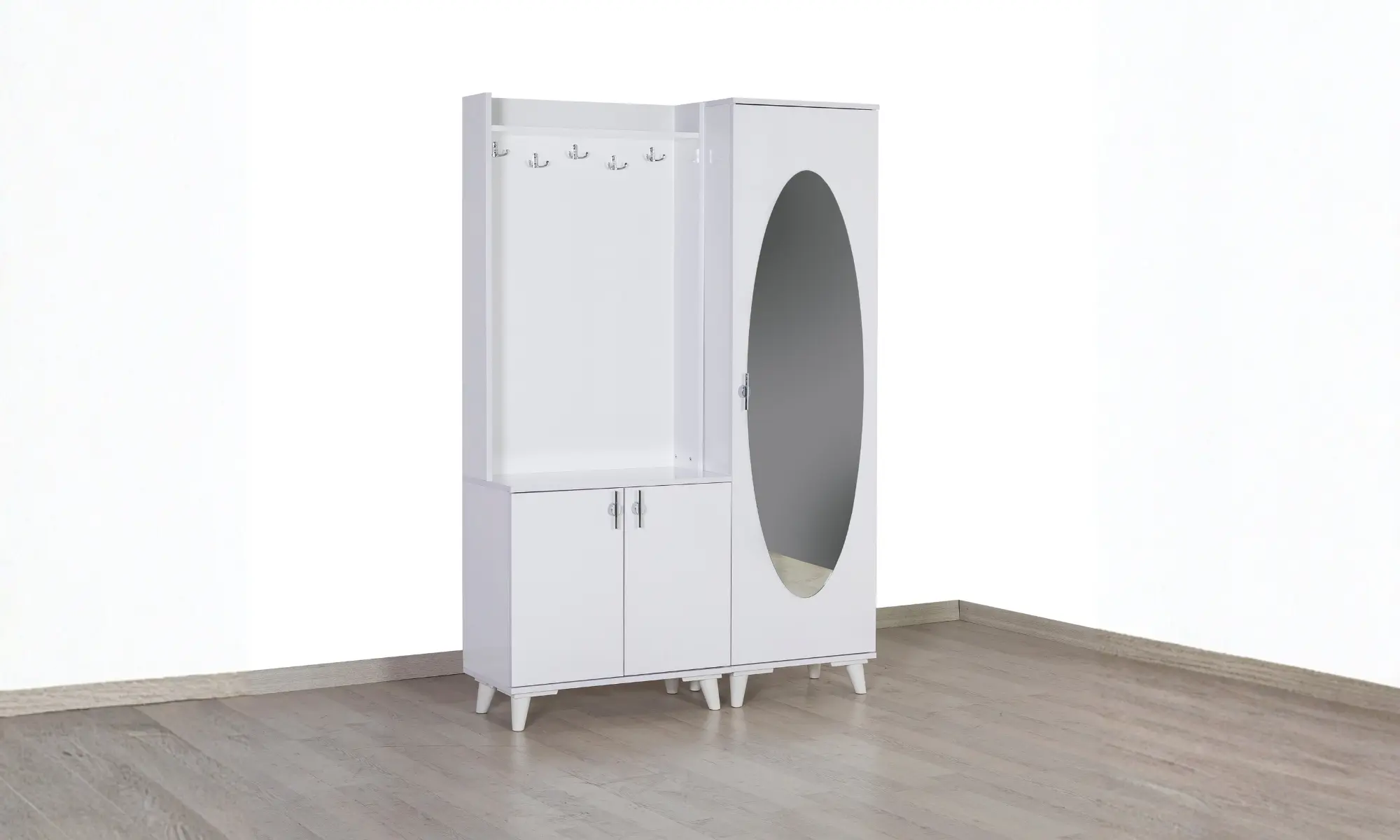 Evname 3 Kapılı Aynalı Beyaz Portmanto